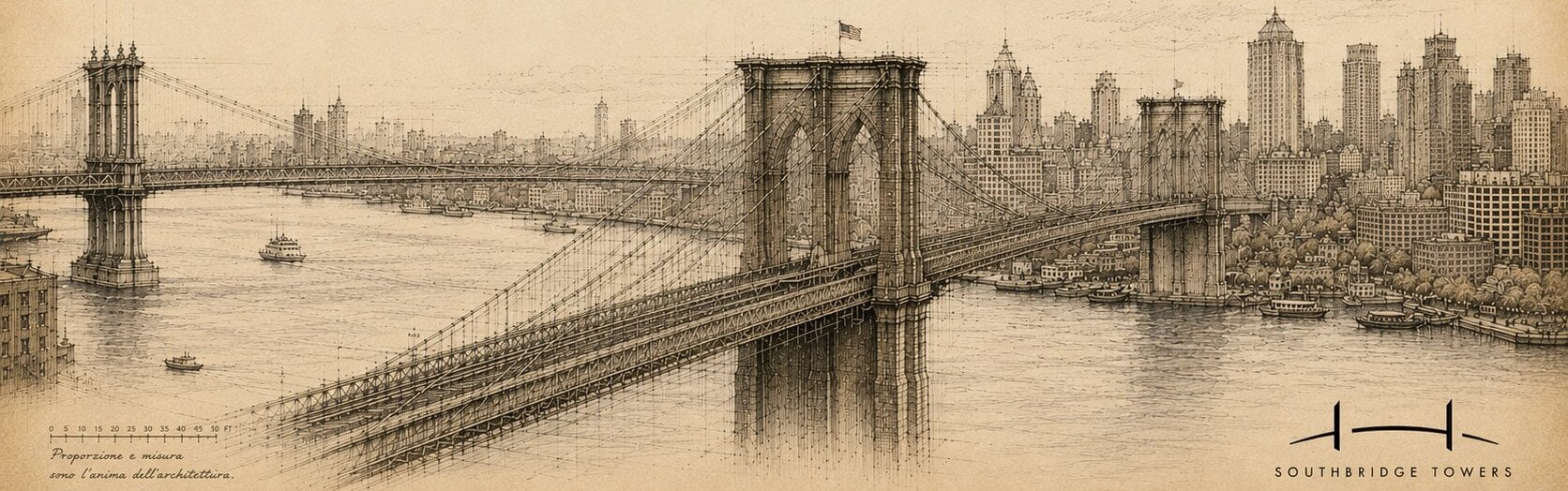 Sepia architectural drawing: panoramic view of the Brooklyn Bridge spanning the East River, the Manhattan Bridge to the left, and the Lower Manhattan skyline along the waterfront