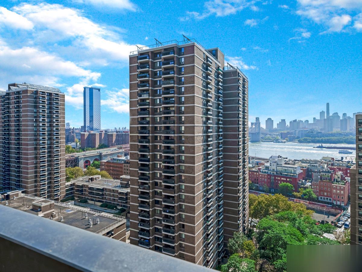 Private Southbridge terrace overlooking the East River and Lower Manhattan skyline