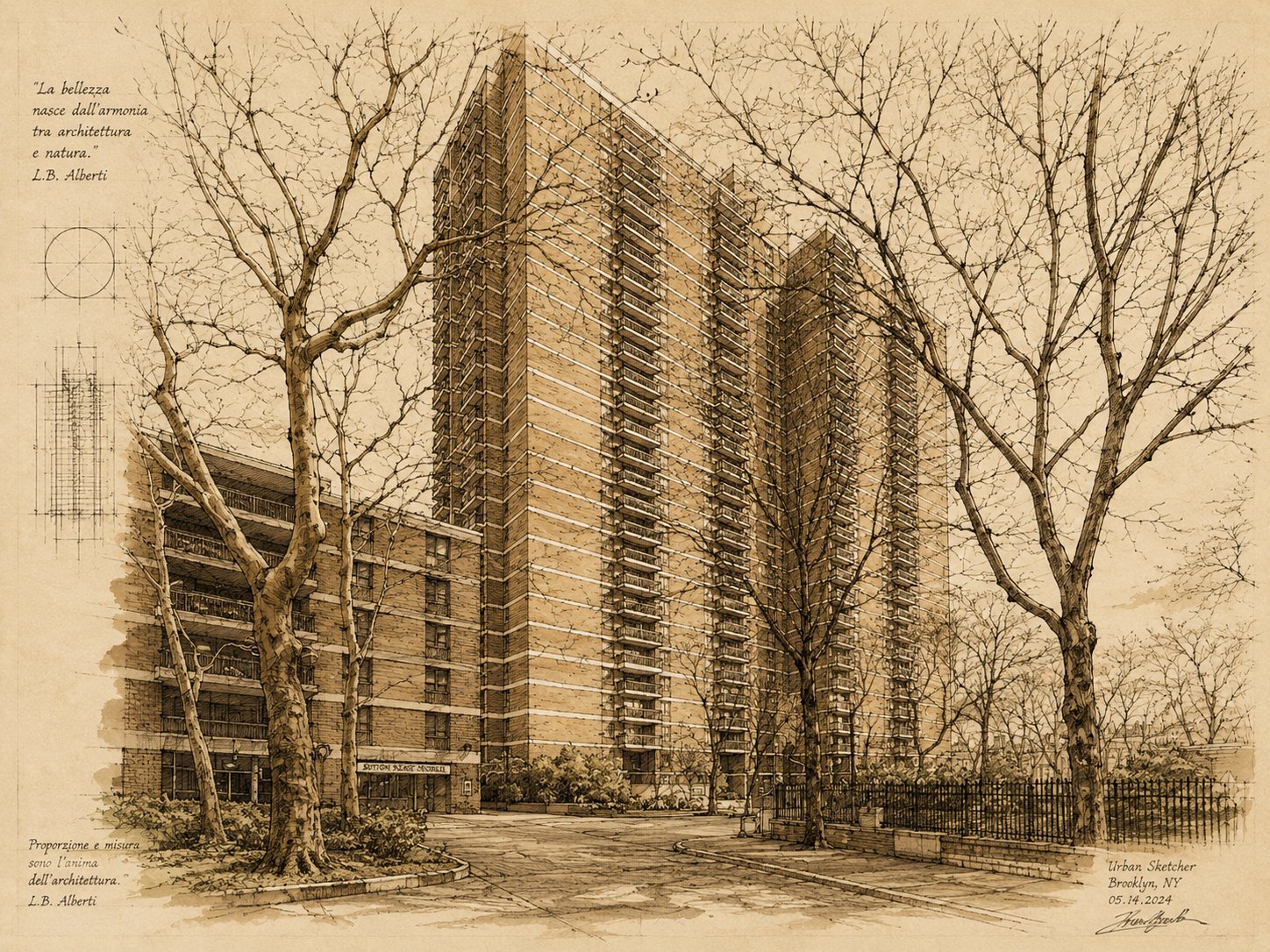 Sepia architectural drawing of a Southbridge Towers tower seen from street level, framed by bare winter plane trees