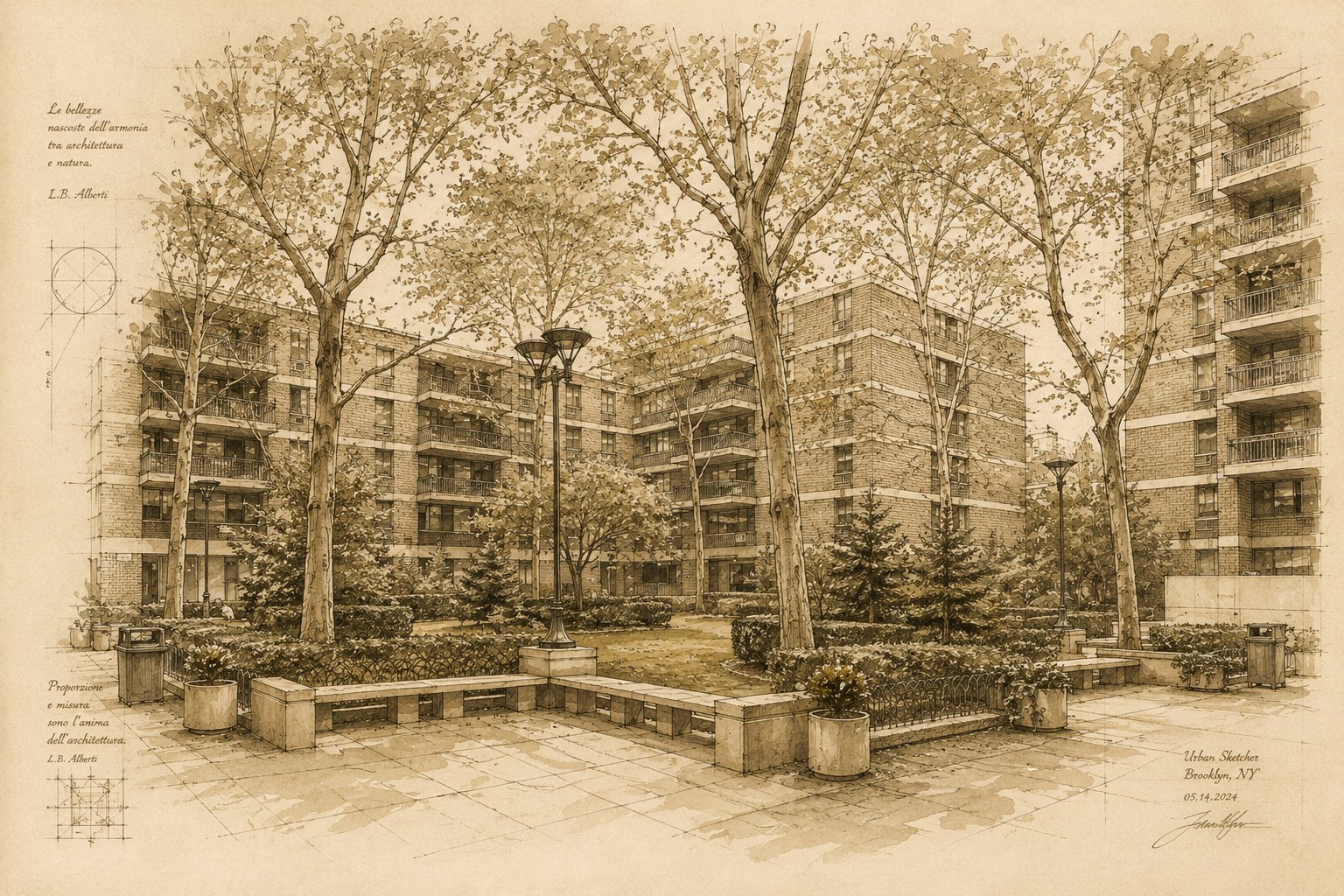 Sepia architectural drawing of the landscaped Southbridge Towers courtyard, plane trees framing the low-rise buildings beyond