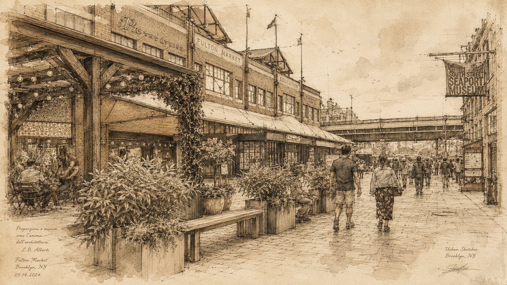 Sepia architectural drawing of the Fulton Market walkway at South Street Seaport, with the Brooklyn Bridge in the background